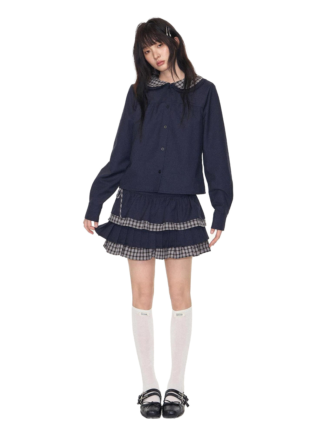 NAPSNAPS Navy Plaid Patchwork Doll Collar Faux Two Piece Women&
