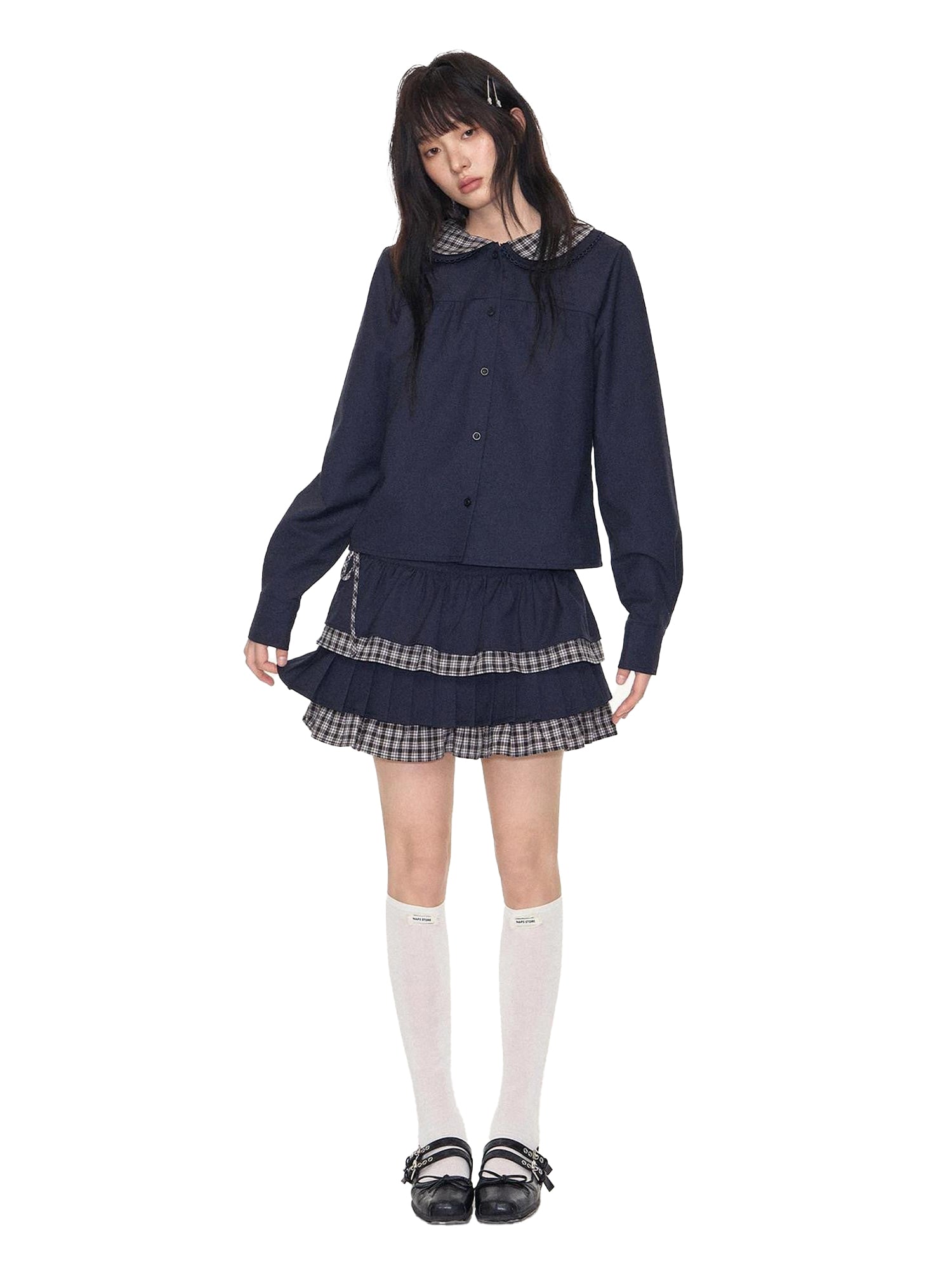 NAPSNAPS Navy Plaid Patchwork Doll Collar Faux Two Piece Women&