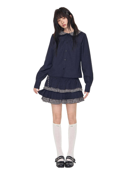 NAPSNAPS Navy Plaid Patchwork Doll Collar Faux Two Piece Women&