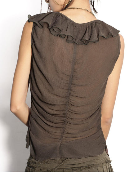 Low pixel Soft Viscose Cupro Pleated Slim Fit Casual Cropped Brown Women Tank Tops