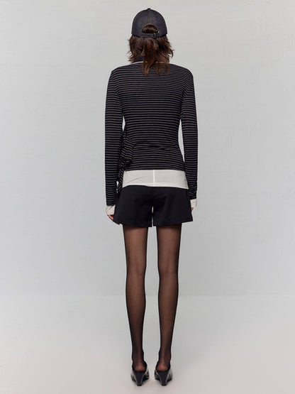 RUN TO THE FUTURE Slim Fit Ruffle Henley Black White Stripe Womens Wool Blend Long Sleeve T-Shirts