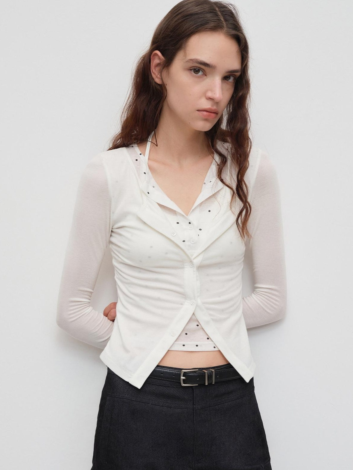 RUN TO THE FUTURE Polka Dot Knit Faux Layered Slim Fit Collared Women Casual Long Sleeve T-Shirts