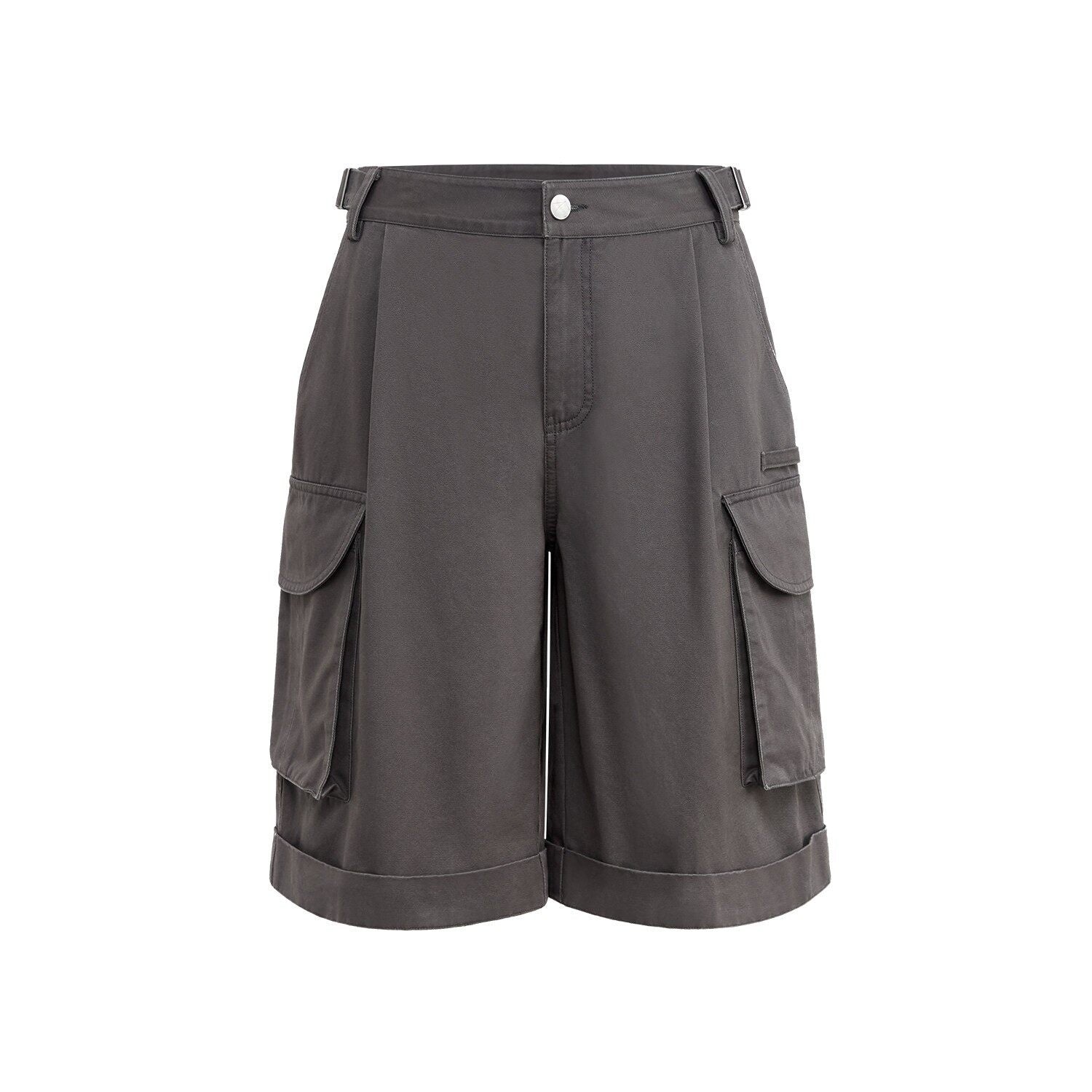 RUN TO THE FUTURE Low Rise Pockets Wide Leg Loose Cotton Women Dark Gray Zip Fly Short Trousers