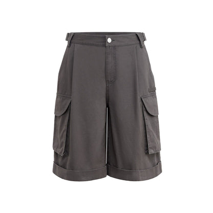 RUN TO THE FUTURE Low Rise Pockets Wide Leg Loose Cotton Women Dark Gray Zip Fly Short Trousers