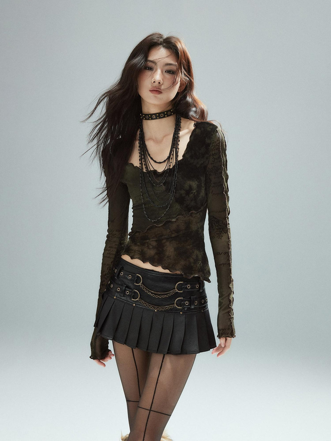 Low pixel Low Waist Pleated A Line Street Patchwork Chain Zipper Lined Black Mini Skirts