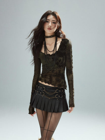 Low pixel Low Waist Pleated A Line Street Patchwork Chain Zipper Lined Black Mini Skirts