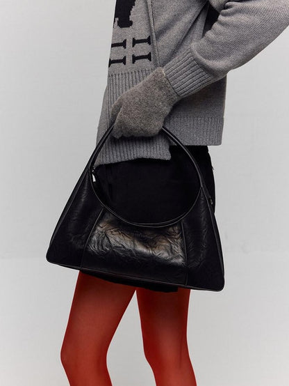 RUN TO THE FUTURE Waxed Leather Soft Handle Vintage Topstitch Medium Zipper Daily Handbags