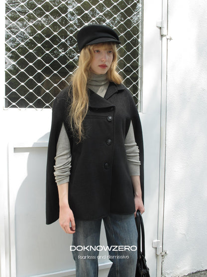 DKZ OFFICIAL Black Bud Collar Cape Double Breasted Women&