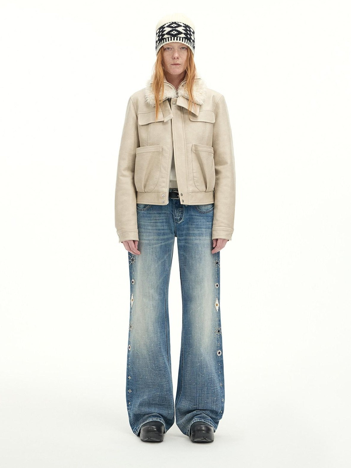 RUN TO THE FUTURE Washed Embroidered Low Rise Straight Cotton Button Fly Women Blue Wide-Leg Jeans
