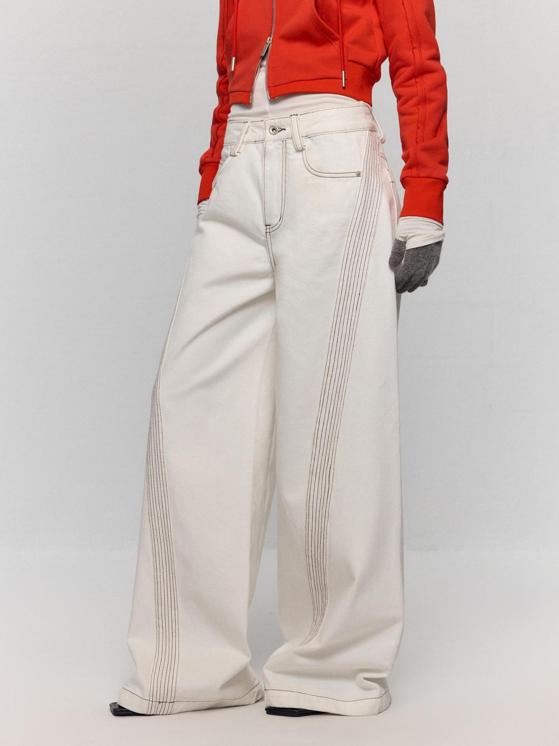 RUN TO THE FUTURE Casual Colorblock Loose Natural Waist Washed Denim High Cotton Wide-Leg Jeans