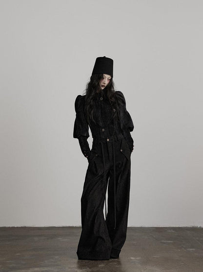 INDULGE Stretchy Waist Cinch Gothic Loose Fit Button Front Women Black Cropped Jackets