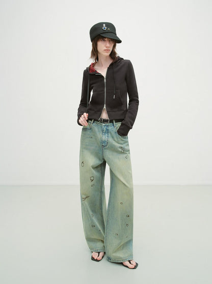 RUN TO THE FUTURE Durable Washed Low Rise Asymmetrical Vintage Unisex Printed Denim Wide-Leg Jeans