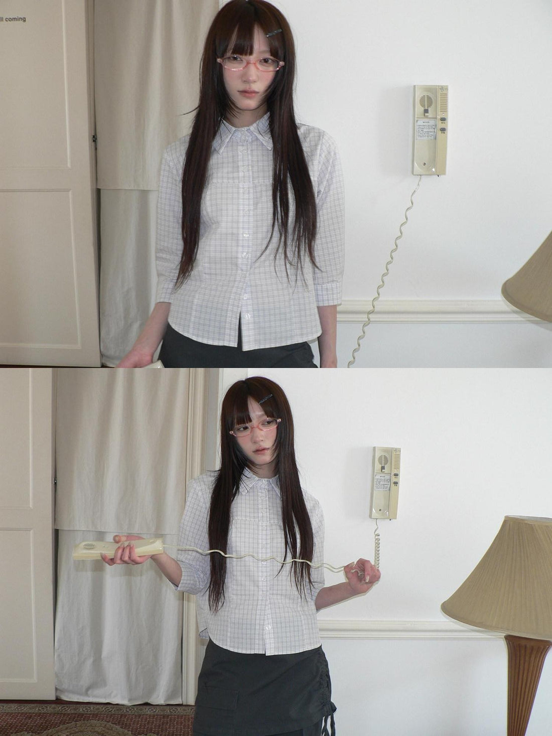 ang project White Check Print Collared Cropped Cinch Waist Women&