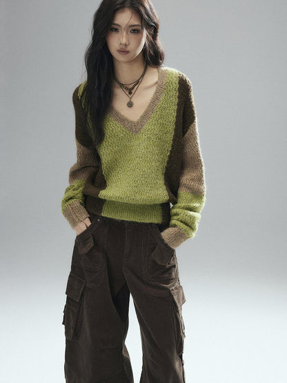 Low pixel Thick Sheep Wool Patchwork Streetwear Loose Fit V-neck Pullover Youth Sweaters