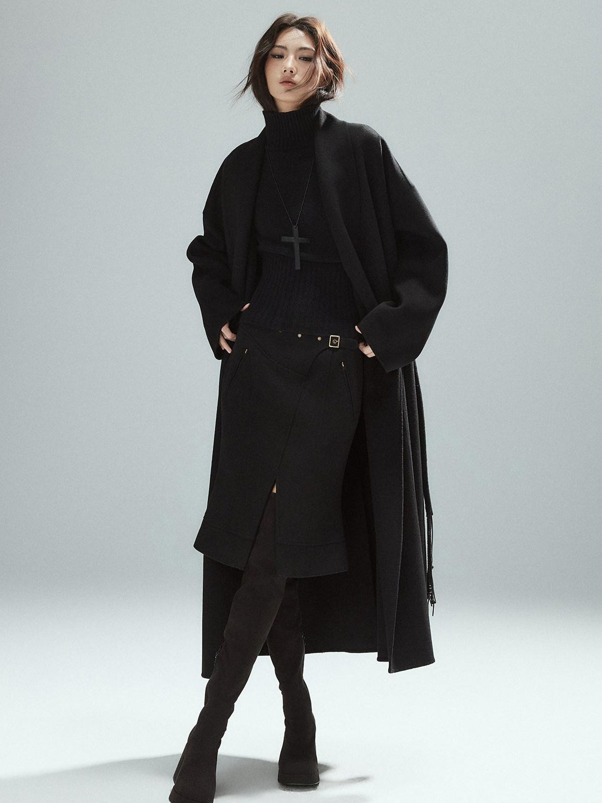 Low pixel Wool Blend Lined Patchwork Hline Slim Low Waist Black Side Zip Midi Skirts