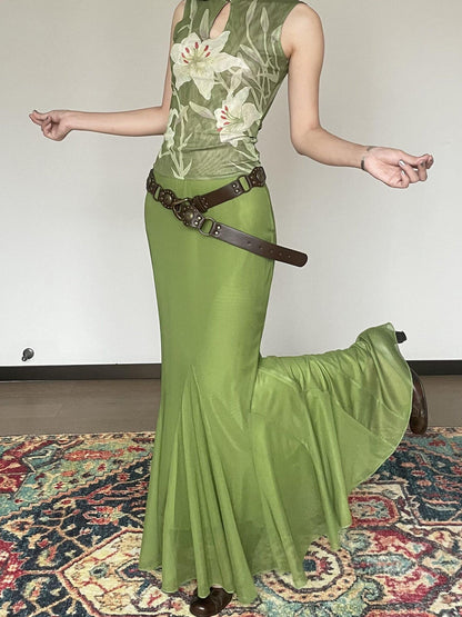 Wet Tail Elastic Mid Waist Chinese Inspired Mermaid Hem Casual Women Maxi Skirts