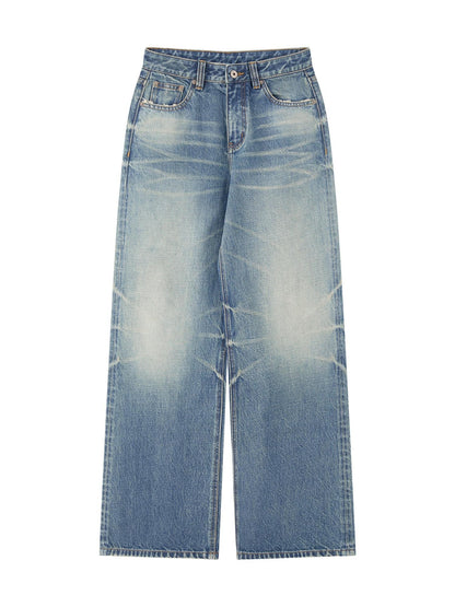 RUN TO THE FUTURE Washed Vintage Blue Low Rise Loose Fit Unisex High Cotton Denim Straight Jeans