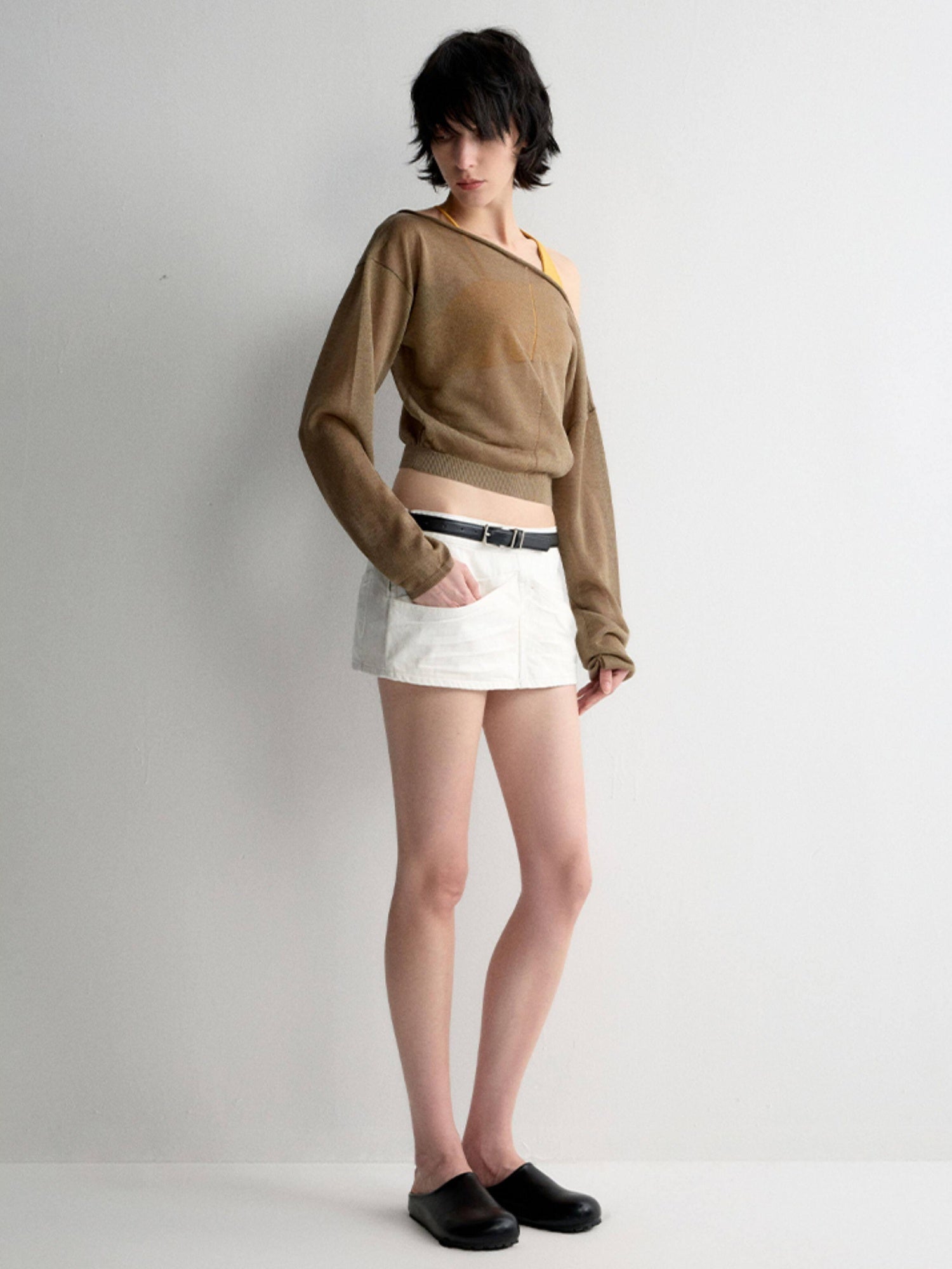 RUN TO THE FUTURE Lyocell Wool Blend Reversible Loose Cropped Boat Neck Knit Long Sleeve T-Shirts