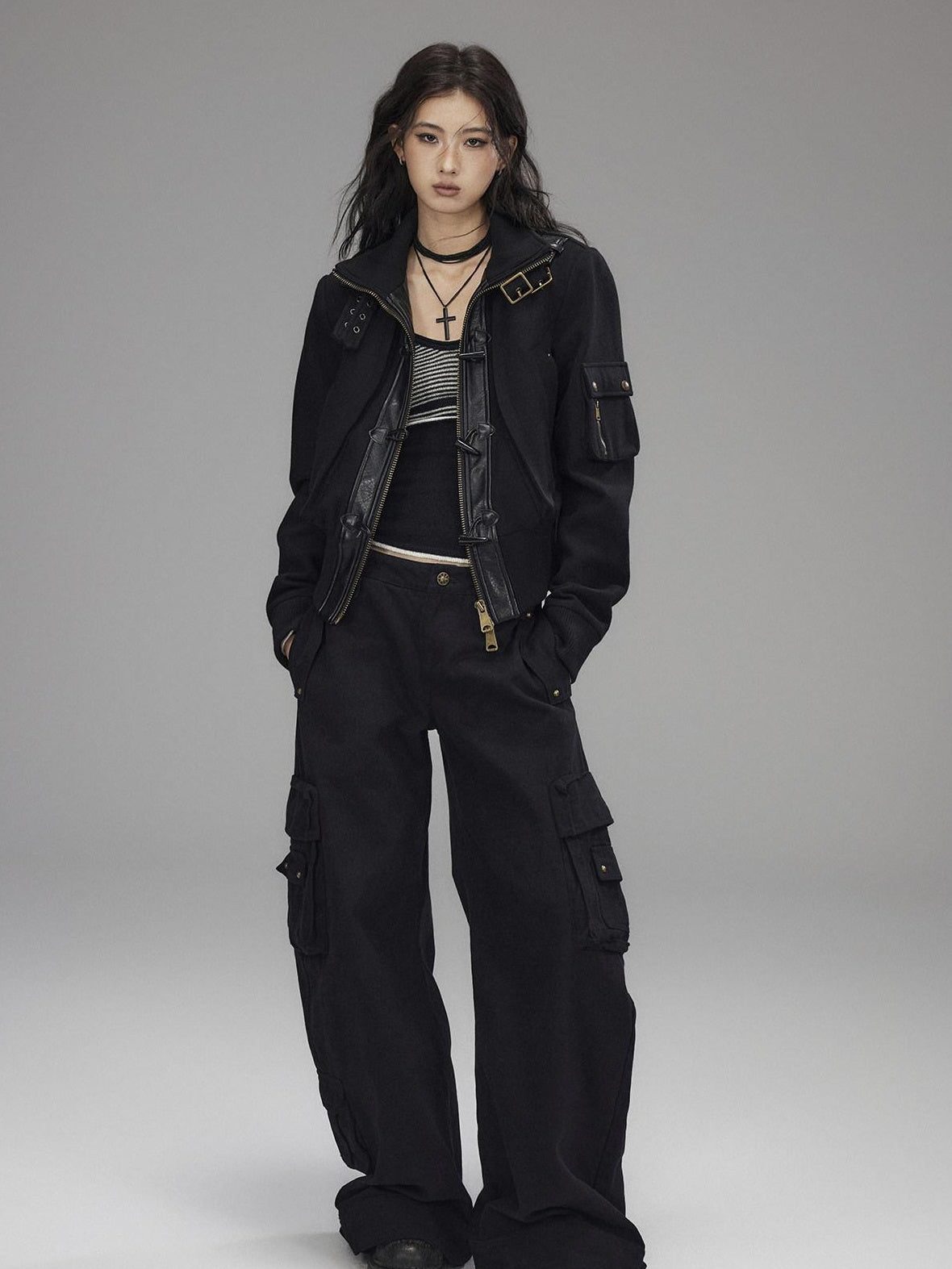 Low pixel Washed Low Rise Wide Leg Utility Loose Fit Womens Black Cargo Pants
