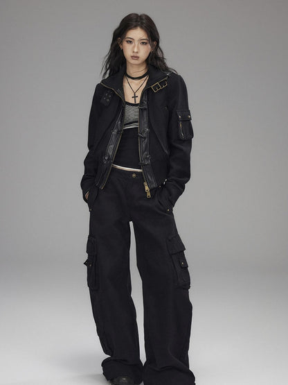 Low pixel Washed Low Rise Wide Leg Utility Loose Fit Womens Black Cargo Pants
