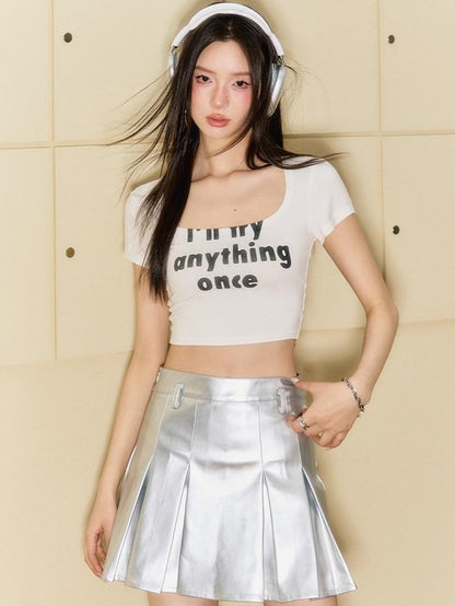 7Shiftin High Waist Pleated A Line Slim Fit Office Women Silver Mini Skirts