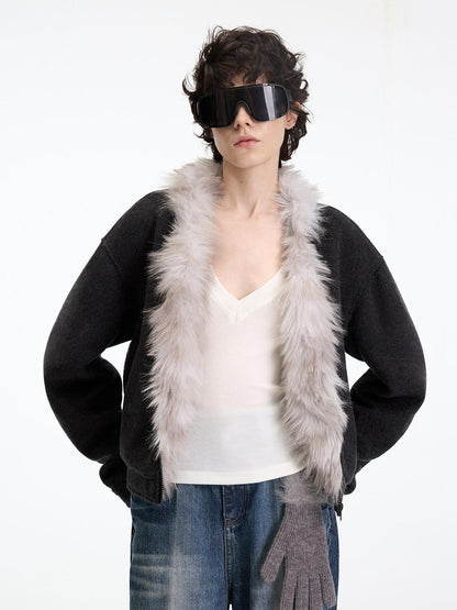 RUN TO THE FUTURE Warm Thick Patchwork Casual Zip Front Fur Collar Women Black Cardigans