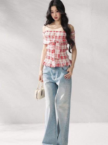 7Shiftin Structured Cotton Natural Waist Zipper Fly Women Blue Denim Straight Leg Jeans