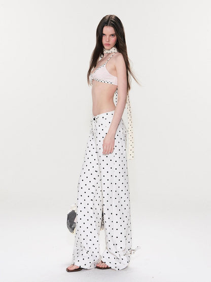 The NeverMore White Polka Dot V Waist Loose Fit Button Fly Women Denim Straight Leg Jeans