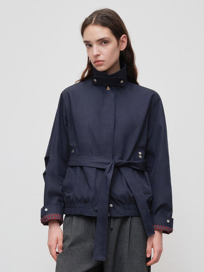 RUN TO THE FUTURE Windproof Lightweight American Loose Fit Plaid Zip Navy Women Windbreakers