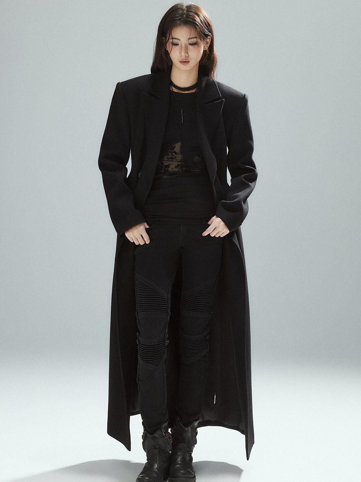 Low pixel Asymmetrical Patchwork Slim Streetwear Black Lyocell Long Sleeve T-Shirts