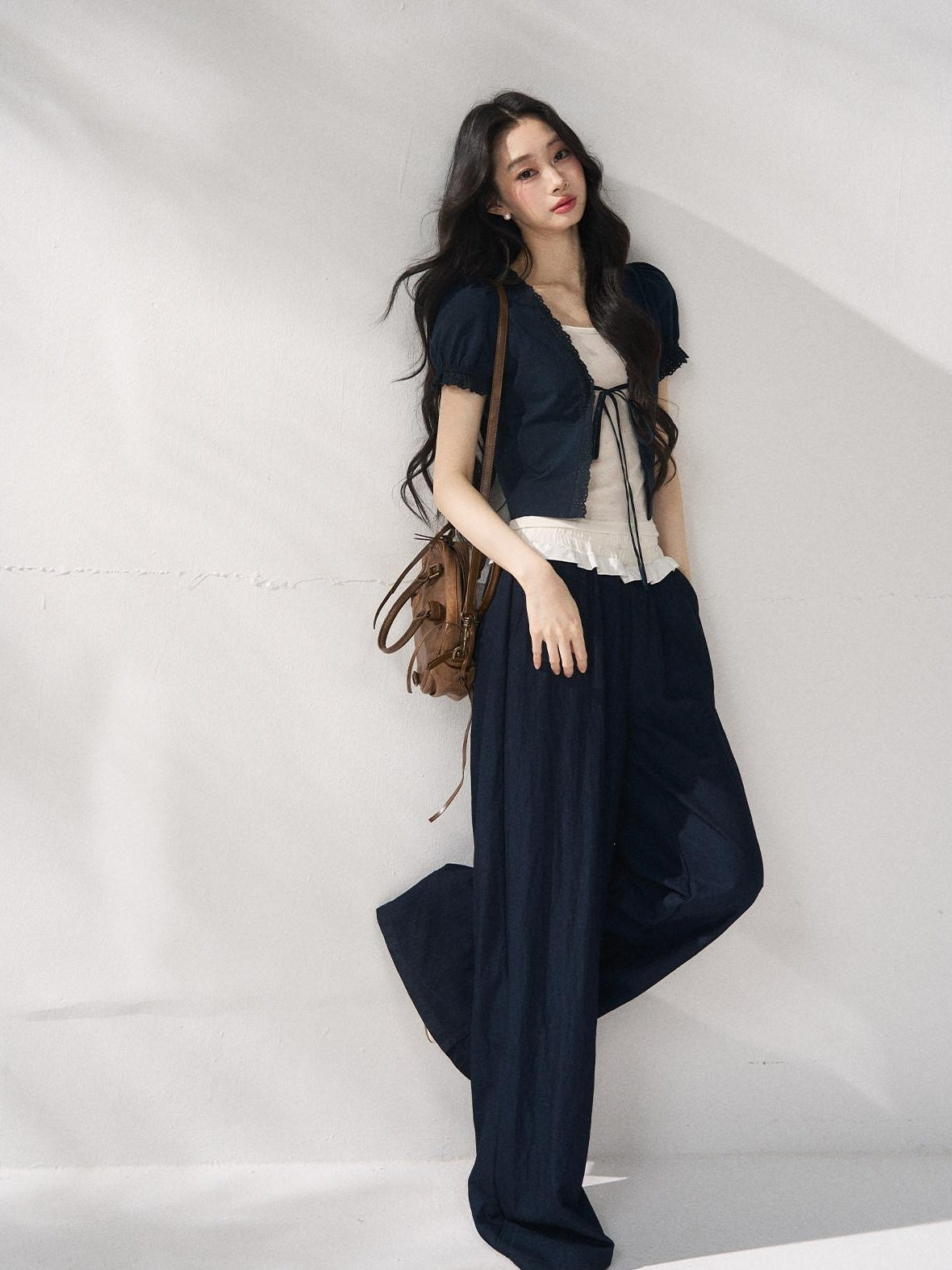 7Shiftin Nylon Cotton Blend Relaxed Natural Waist Women Solid Navy Wide Leg Pants