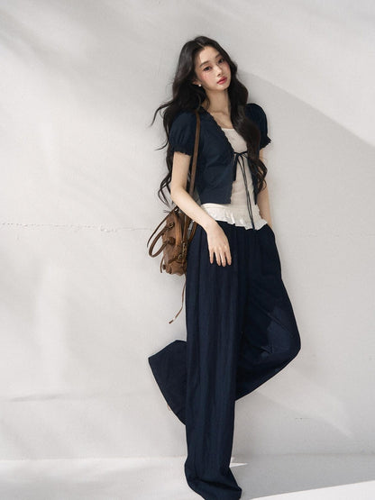 7Shiftin Nylon Cotton Blend Relaxed Natural Waist Women Solid Navy Wide Leg Pants