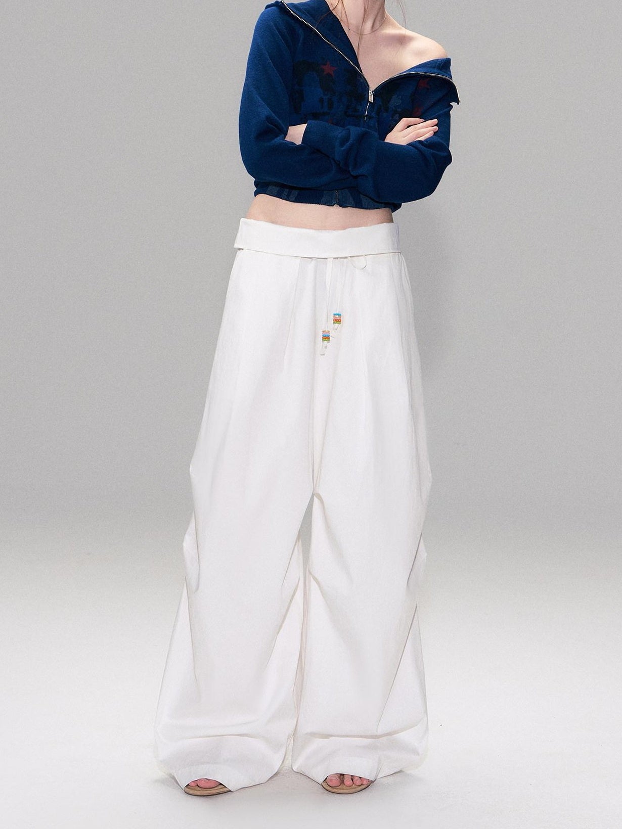 The NeverMore Cotton Blend Vintage Curved Cut Natural Waist Women White Wide Leg Pants