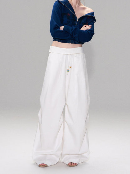 The NeverMore Cotton Blend Vintage Curved Cut Natural Waist Women White Wide Leg Pants