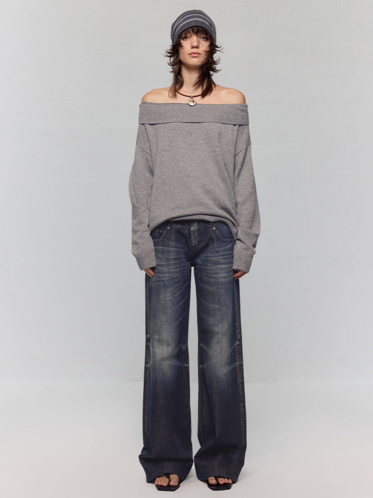 RUN TO THE FUTURE Vintage Commuter Loose Tie Asymmetric Neck Women Grey Knit Long Sleeve T-Shirts