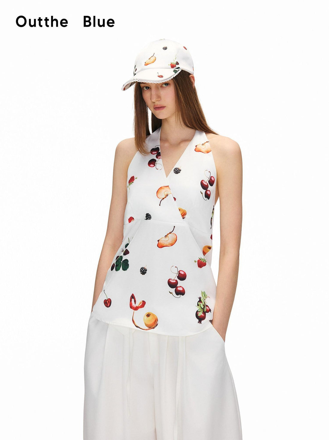 OuttheBlue Fruit Print V-neck Halter Slim A Line Mid Length White Polyester Women Tank Tops