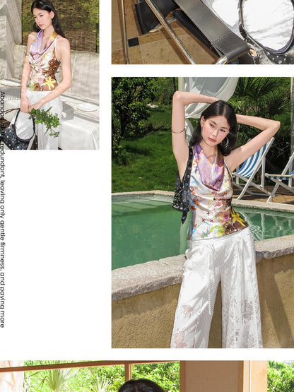 OfAkiva Purple Printed Draped Halter Backless Cropped Women&