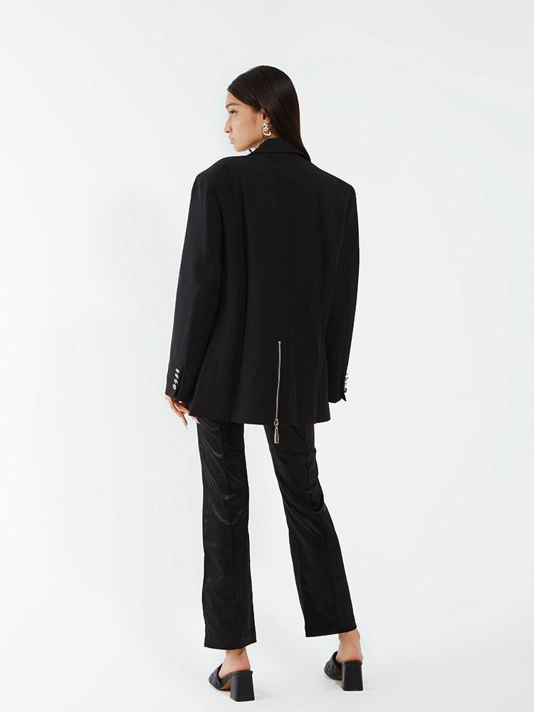 JYOSEI Black Padded Shoulder Loose Fit Single Button Pockets Women&