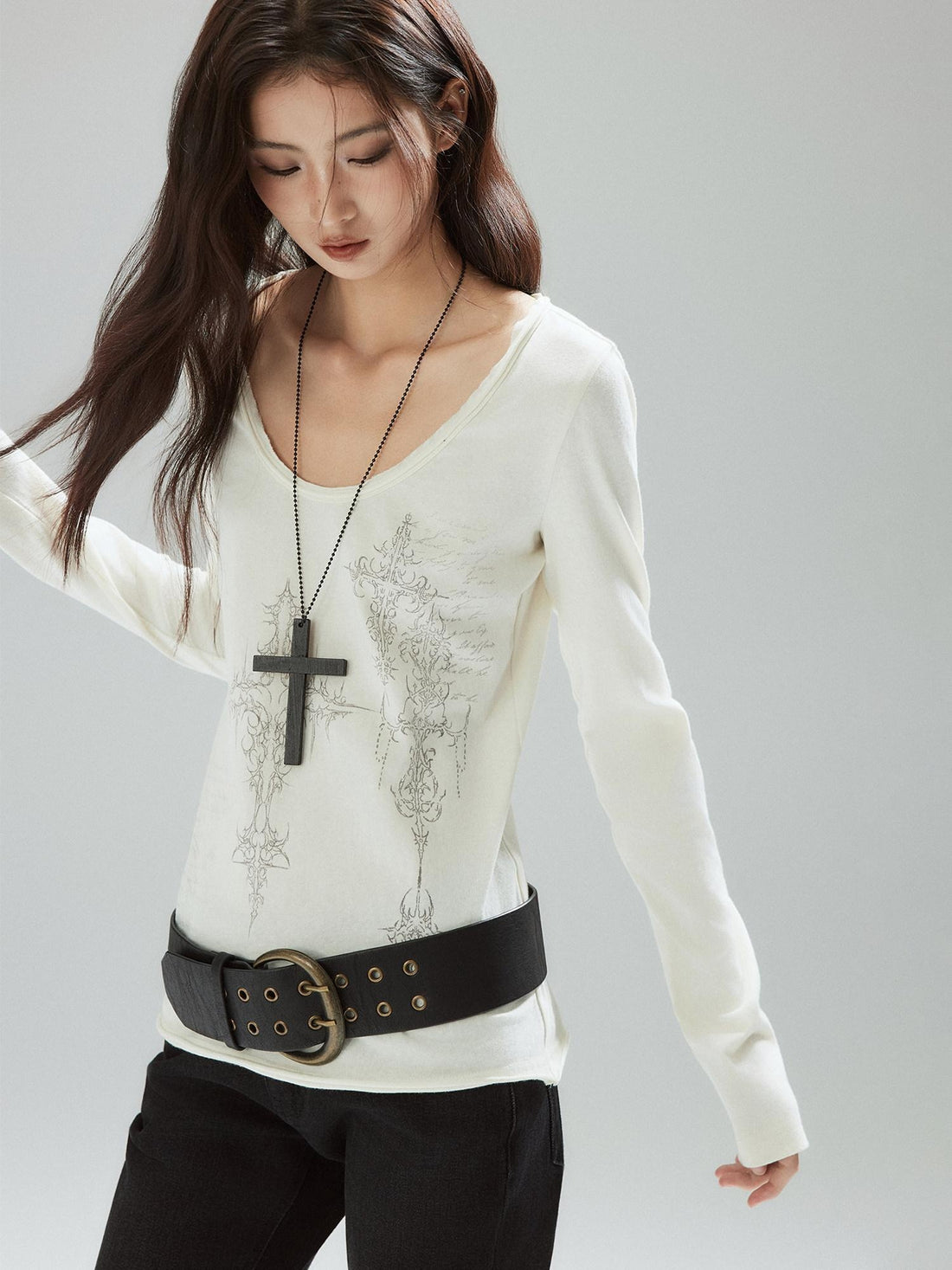Low pixel Cotton Blend Streetwear Loose Fit Letter Print Crew Neck Long Sleeve T-Shirts