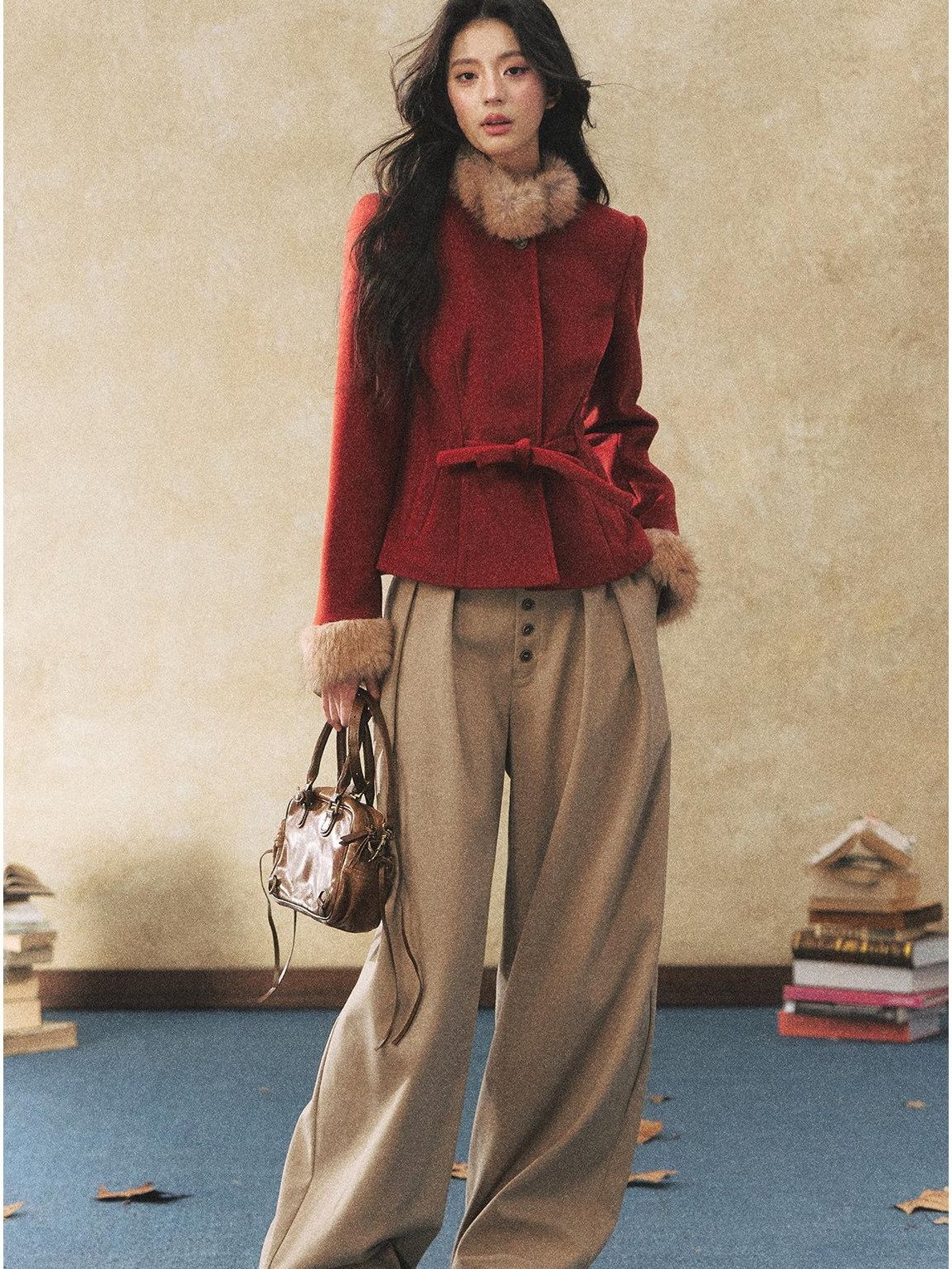 7Shiftin Slimming Casual Fitted Two Tone Fur Collar Women Button Short Cropped Jackets