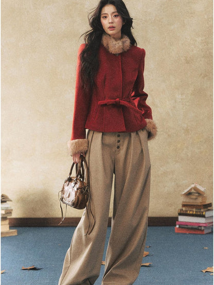 7Shiftin Slimming Casual Fitted Two Tone Fur Collar Women Button Short Cropped Jackets