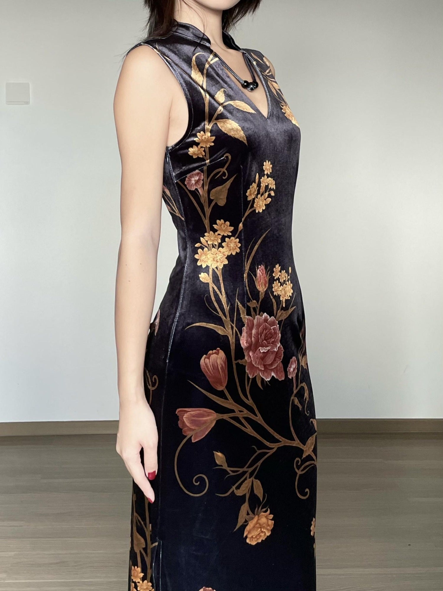 Wet Tail Breathable Floral Cheongsam Vintage Long Sleeve Everyday Casual Maxi Dresses