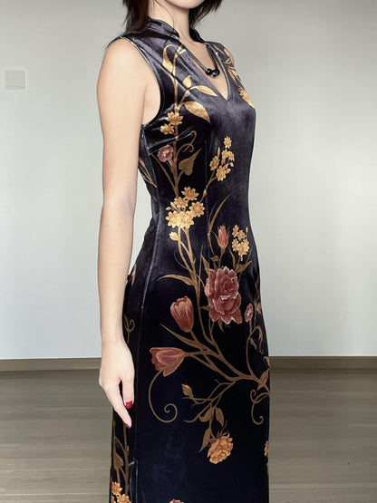 Wet Tail Breathable Floral Cheongsam Vintage Long Sleeve Everyday Casual Maxi Dresses