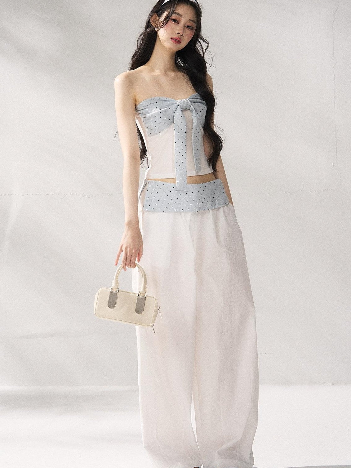 7Shiftin Polka Dot Bow Cropped Three Piece High Waist Sleeveless Women Top &amp; Pants Sets