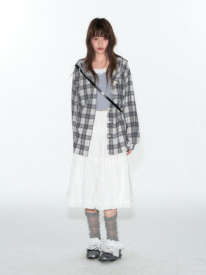 NAPSNAPS Blue Plaid Ruffle Hem High Waist Pleated Patchwork Women&