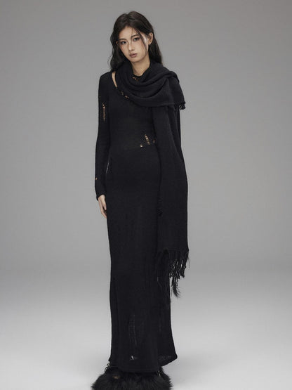 Low pixel Waist Defining Wool Knit Tassel Casual Long Sleeve Round Neck Black Maxi Dresses