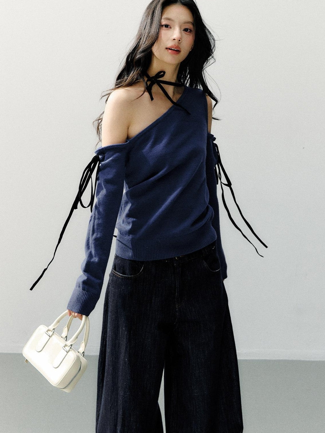 7Shiftin Cozy Casual Loose Backless Women Knit Pullover Blue Long Sleeve Sweaters