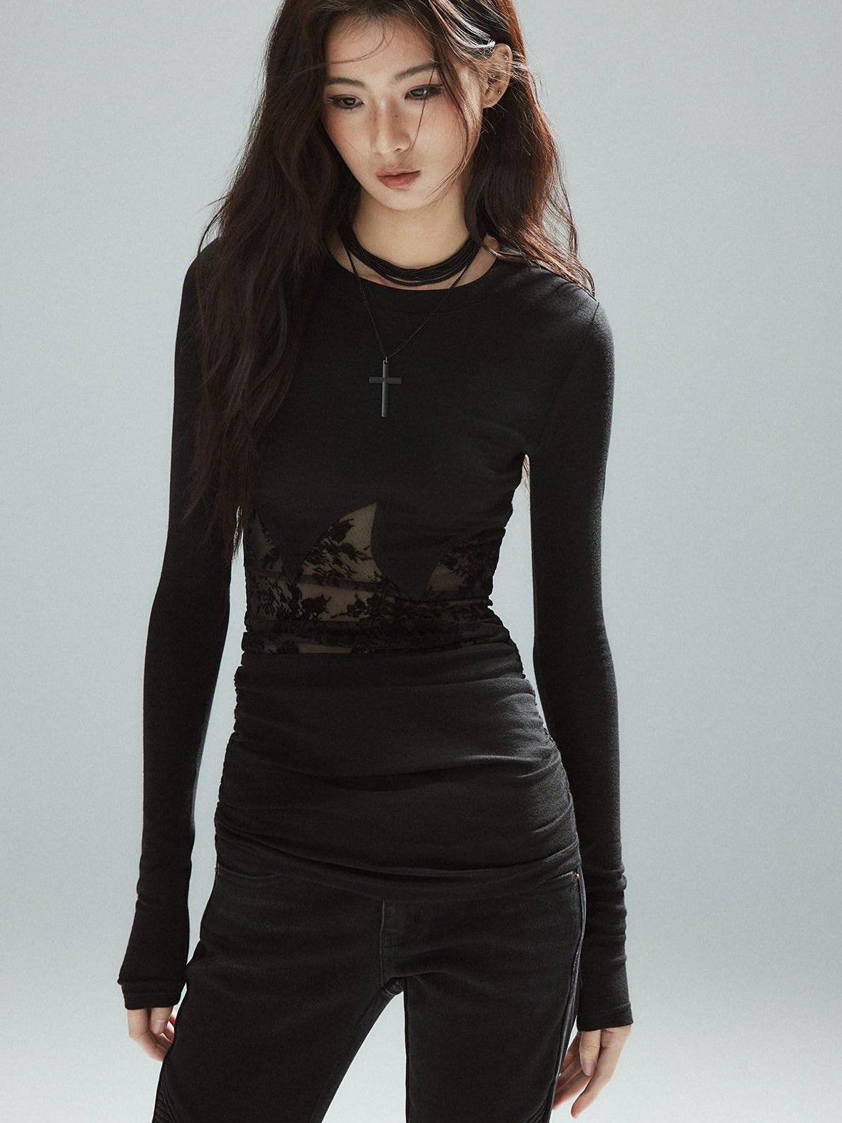 Low pixel Asymmetrical Patchwork Slim Streetwear Black Lyocell Long Sleeve T-Shirts