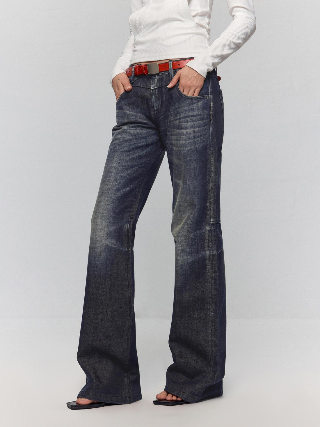 RUN TO THE FUTURE Washed Low Rise Loose Fit Casual Womens Black Stretch Denim Straight Jeans