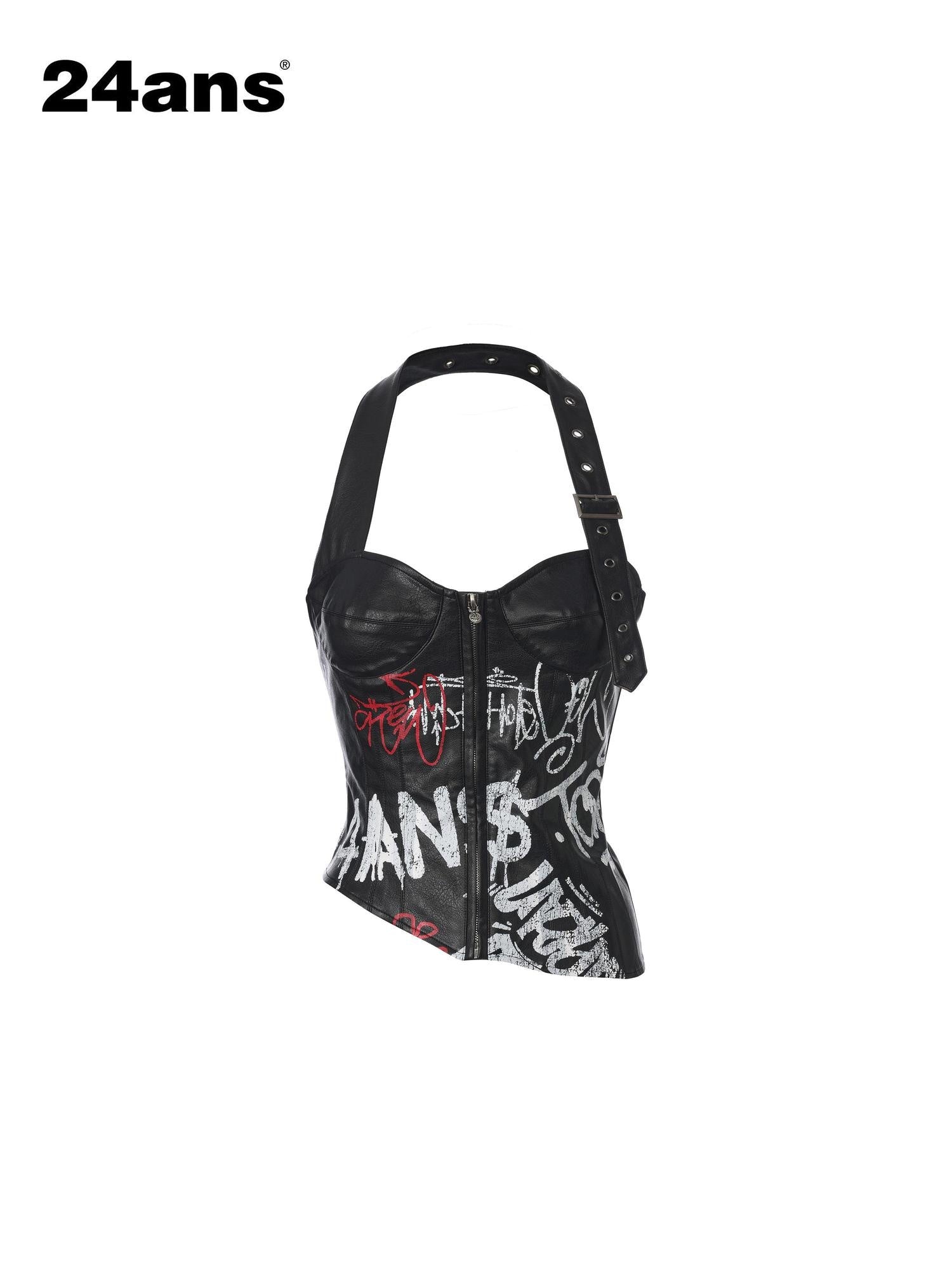 24ans Pu Cropped Halter Neck Printed Top Women Edgy Streetwear Camisoles